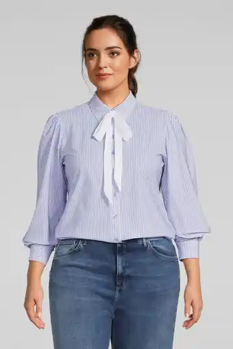 Wehkamp Plus Basics gestreepte blouse van travelstof wit/blauw aanbieding