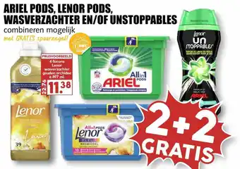 MCD Supermarkt Ariel Pods, Lenor Pods, Wasverzachter En-Of Unstoppables 2+2 Gratis aanbieding