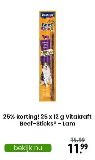 Zooplus 25% korting! 25 x 12 g Vitakraft Beef-Sticks® - Lam aanbieding