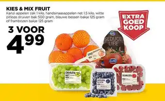 Jumbo Kies & mix fruit : kanzi appelen, handsinaasappelen, witte pitloze druiven, blauwe bessen of frambozen aanbieding