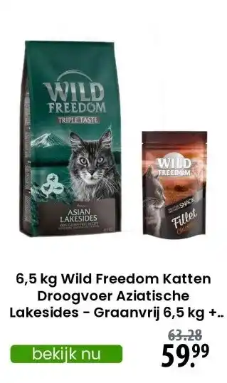 Zooplus 6,5 kg Wild Freedom Katten Droogvoer Aziatische Lakesides - Graanvrij 6,5 kg + Filet Snack Kip 100 g aanbieding