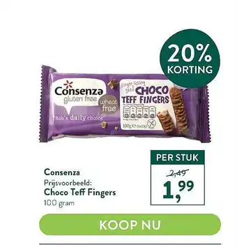 Holland & Barrett Consenza Choco Teff Fingers 20% Korting aanbieding