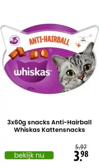 Zooplus 3x60g snacks Anti-Hairball Whiskas Kattensnacks aanbieding