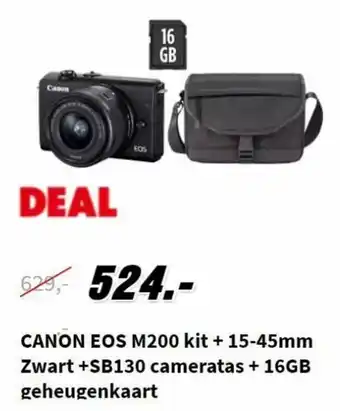 MediaMarkt Canon EOS M200 kit 0 15-45mm zwart +SB130 camertas + 16GB geheugenkaart aanbieding