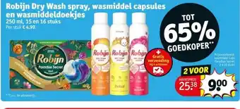 Kruidvat Robijn Dry Wash spray, wasmiddel capsules en wasmiddeldoekjes aanbieding