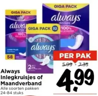 Vomar Voordeelmarkt Always Inlegkruisjes of Maandverband aanbieding