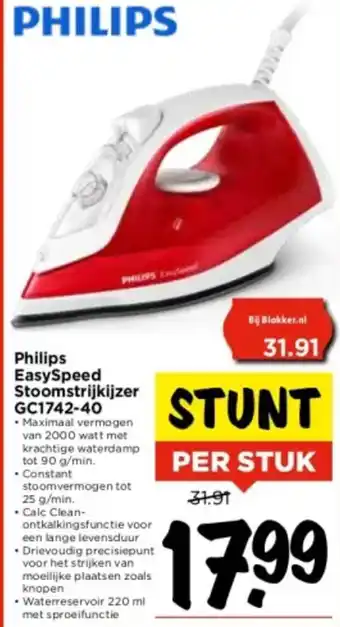 Vomar Voordeelmarkt Philips EasySpeed Stoomstrijkijzer GC1742-40 aanbieding