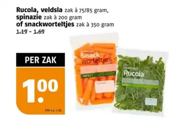 Poiesz Rucola, veldsla 75/85 gram, spinazie 200 gram of snackworteltjes 350 gram aanbieding