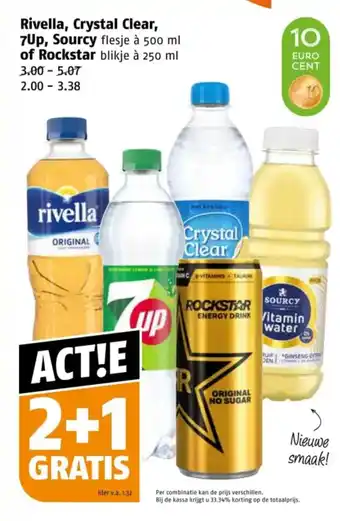 Poiesz Rivella, Crystal Clear, 7Up, Sourcy 500 ml of Rockstar 250 ml aanbieding