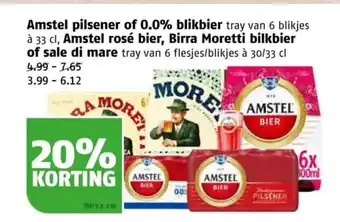 Poiesz Amstel pilsener of 0.0% blikbier, Amstel rosé bier, Birra Moretti bilkbier of sale di mare aanbieding