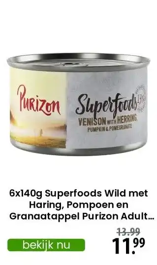 Zooplus 6x140g Superfoods Wild met Haring, Pompoen en Granaatappel Purizon Adult Hondenvoer aanbieding