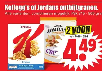 Dirk Kellogg's of Jordan ontbijtgranen 2*215-500g aanbieding