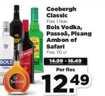 PLUS Coebergh Classic Fles 1 liter, Bols Vodka, Passoã, Pisang Ambon of Safari Fles 70 cl aanbieding