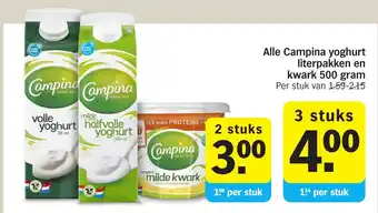 Albert Heijn Alle Campina yoghurt literpakken en kwark 500 gram aanbieding