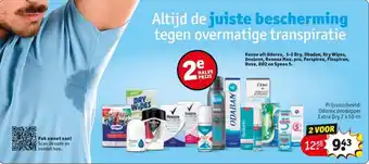 Kruidvat Keuze uit Odorex, 1-2 Dry, Obadan, Dry Wipes, Deoleen, Rexona Max. pro, Perspirex, Finspiran, Dove, D02 en Syneo 5 aanbieding