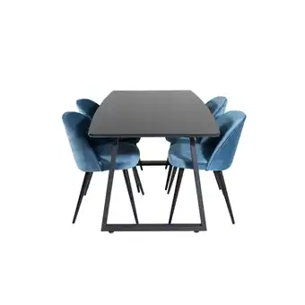 Blokker IncaBLBL eethoek eetkamertafel uitschuifbare tafel lengte cm 160 / 200 zwart en 4 Velvet eetkamerstal velours blauw aanbieding