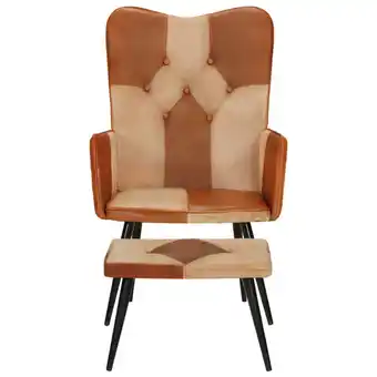 Blokker The Living Store Gestoffeerde Armstoel Bruin - Fauteuil en Voetenbank - 55x43x97cm - Echt Leer aanbieding