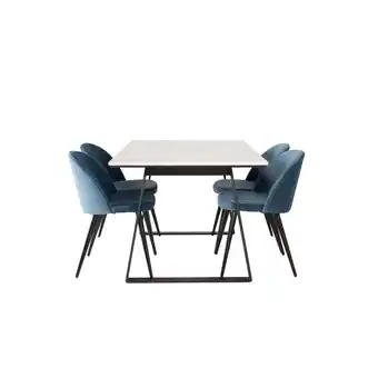 Blokker Estelle eethoek eetkamertafel marmer wit en 4 Velvet eetkamerstal velours blauw, zwart aanbieding