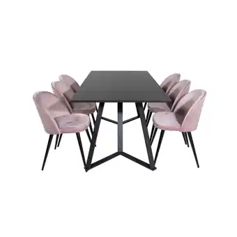 Blokker MarinaBLBL eethoek eetkamertafel zwart en 6 Velvet eetkamerstal velours roze, zwart aanbieding