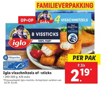 Lidl Iglo visschnitzels of sticks aanbieding