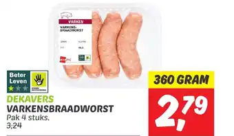 Dekamarkt VARKENSBRAADWORST 360 GRAM aanbieding