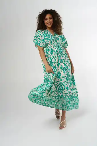 Wehkamp MS Mode maxi jurk met all over print en volant groen/beige aanbieding