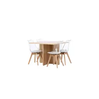 Blokker Leo eethoek tafel naturel en 4 Edvin stoelen transparant aanbieding