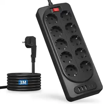 Amazon 10-voudige stekkerdoos met USB C en platte stekker, 10-voudig meervoudig stopcontact met schakelaar, 3 m kabel aanbieding
