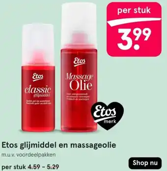 Etos glijmiddel en massageolie aanbieding