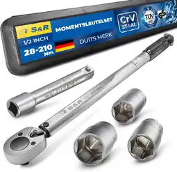 Amazon S&R Momentsleutel 28-210 Nm SET: 1/2 inch momentsleutel 475 mm met 1/2 inch verlenging 125 mm en 3 dopsleutels 17 mm, 19 mm, aanbieding