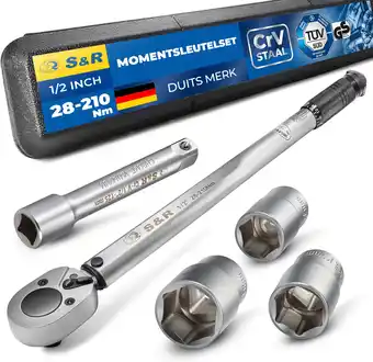Amazon S&R Momentsleutel 28-210 Nm SET: 1/2 inch momentsleutel 475 mm met 1/2 inch verlenging 125 mm en 3 dopsleutels 17 mm, 19 mm, aanbieding