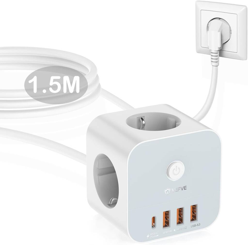 VEFVE Kubus Verlengsnoer met USB, 7in1 Stekkerdoos, Meervoudige Stopcontactadapter met 3