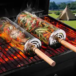 Amazon Rollende grillmandenset met houten handvat, 2 stuks rolling grillmand mand mand met vork, koken BBQ accessoires voor camping  aanbieding