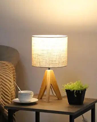 Amazon EDISHINE Bedlampje tafellamp hout, E27-fitting, statief vintage landhuis, beige lampenkap van linnen, voor moderne decoratie aanbieding