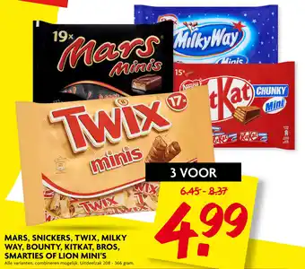 Dekamarkt Mars, snickers, twix, milky way, bounty, kitkat, bros, smarties of lion mini's aanbieding