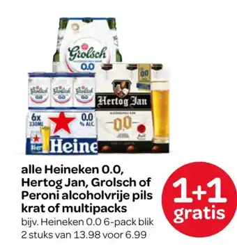 Spar alle Heineken 0.0, Hertog Jan, Grolsch of Peroni alcoholvrije pils krat of multipacks aanbieding