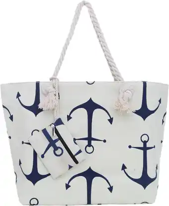 Amazon Grote strandtas met rits 58 x 38 x 18 cm maritiem design anker beige blauw shopper schoudertas yacht style aanbieding