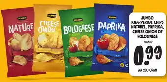 Jumbo Jumbo knapperige chips naturel paprika cheese onion of bolognese zak 250 gram aanbieding