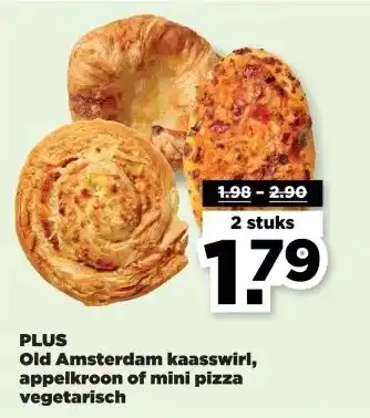 PLUS PLUS Old Amsterdam kaasswirl, appelkroon of mini pizza vegetarisch aanbieding