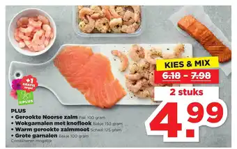 PLUS Plus Gerookte Noorse Zalm, Wokgarnalen Met Knoflook, Warm Gerookte Zalmmot Of Grote Garnalen aanbieding