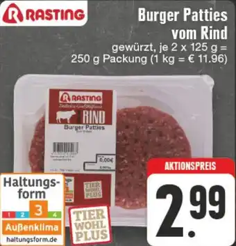 Edeka DE RASTING Burger Patties vom Rind 2 x 125g aanbieding