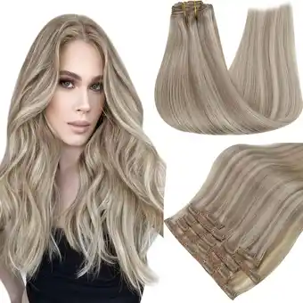 Amazon RUNATURE Menselijk Haar Extensies Clip in Donker Blond met Platina Blond Recht Haar Clip in Menselijk Haar Natuurlijke Extens aanbieding