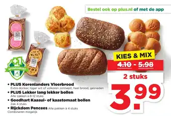 PLUS Korenlanders Vloerbrood, Lekker lang lekker bollen, Goedhart Kaasul- of kaastomaat bollen, Rijckdom Pences aanbieding