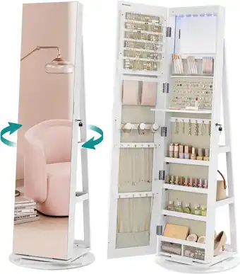 Amazon SONGMICS JJC007W02 Spiegeljuewelenkast met 6 leds, 360° draaibare sieradenopbergorganizer, afsluitbaar, vrijstaand, frameloos aanbieding