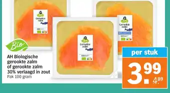 Albert Heijn Biologische gerookte zalm of gerookte zalm 30% verlaagd in zout 100 gram aanbieding
