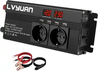 Amazon LVYUAN Spanningsomvormer, 12 V, 230 V, 800 W/1600 W, omvormer met 3 stopcontacten en 4 USB led-spanningsindicator aanbieding