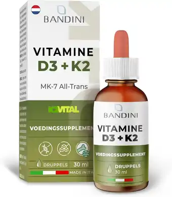 Amazon Bandini Vitamine D3 K2-druppels, in extra vierge olijfolie EVO, cholecalciferol 1000 IE per druppel + vitamine K2 MK-7 Menaqu aanbieding