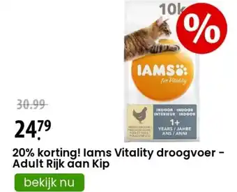 Zooplus 20% korting! Iams Vitality droogvoer- Adult Rijk aan Kip aanbieding