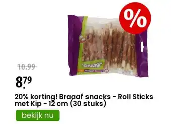 Zooplus 20% korting! Braaaf snacks - Roll Sticks met Kip - 12 cm (30 stuks) aanbieding