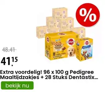 Zooplus Extra voordelig! 96x100g Pedigree Maaltijdzakjes + 28 Stuks Dentastix aanbieding